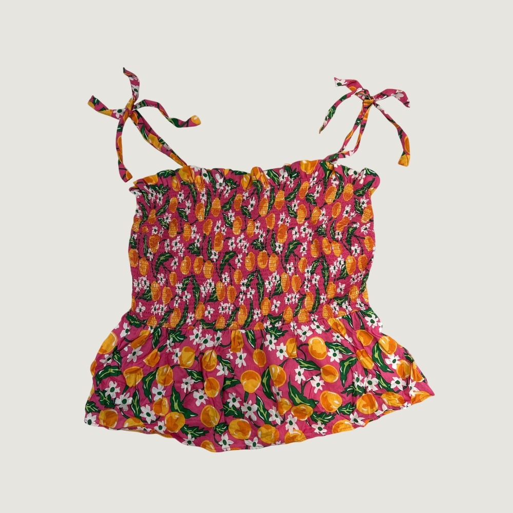Draper James Peplum Top Women‎ M Pink Floral Fruit Smocked Tie Shoulder